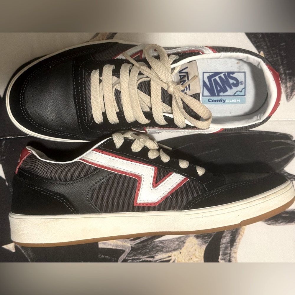 Vans Black and White Sneakers with Red Accents